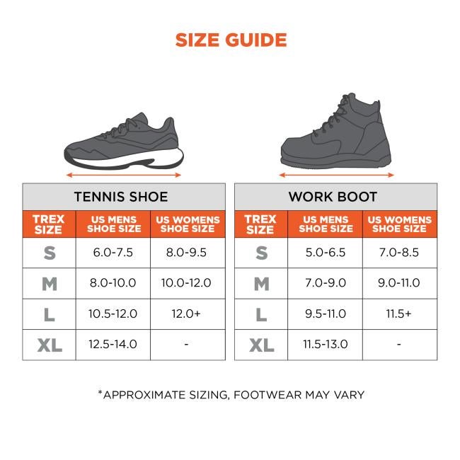 Size guide. Tennis shoe, US men's shoe size, US women's shoe size. Trex size S: 6.0-7.5 (men's), 8.0-9.5 (women's). Trex size M: 8.0-10.0 (men's), 10.0-12.0 (women's). Trex size L: 10.5-12.0 (men's), 12.0+ (women's). Trex size XL: 12.5-14.0 (men's), - (women's). Work boot, US men's shoe size, US women's shoe size. Trex size S: 5.0-6.5 (men's), 7.0-8.5 (women's). Trex size M: 7.0-9.0 (men's), 9.0-11.0 (women's). Trex size L: 9.5-11.0 (men's), 11.5+ (women's). Trex size XL: 11.5-13.0 (men's), - (women's). *Ap