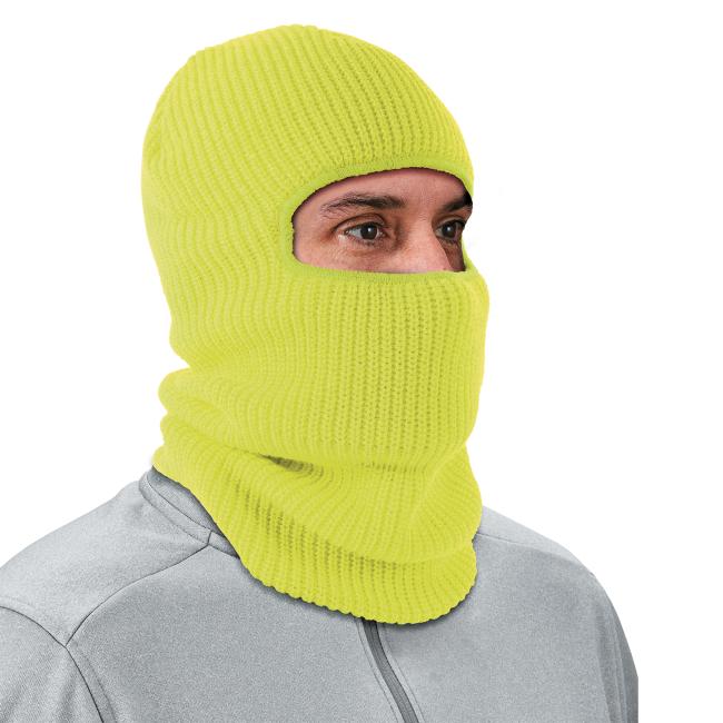 3-quarter view of lime rib knit balaclava on a model