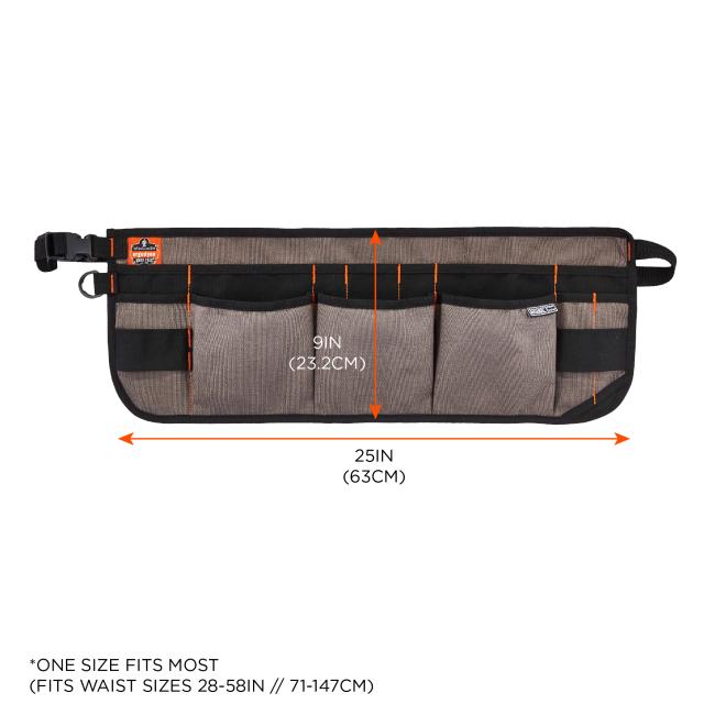Dimensions. Height is 9 inches or 23.2 cm. Length is 25 inches or 63 cm. One size fits most, fits waist sizes 28 to 58 inches or 71 to 147 cm.