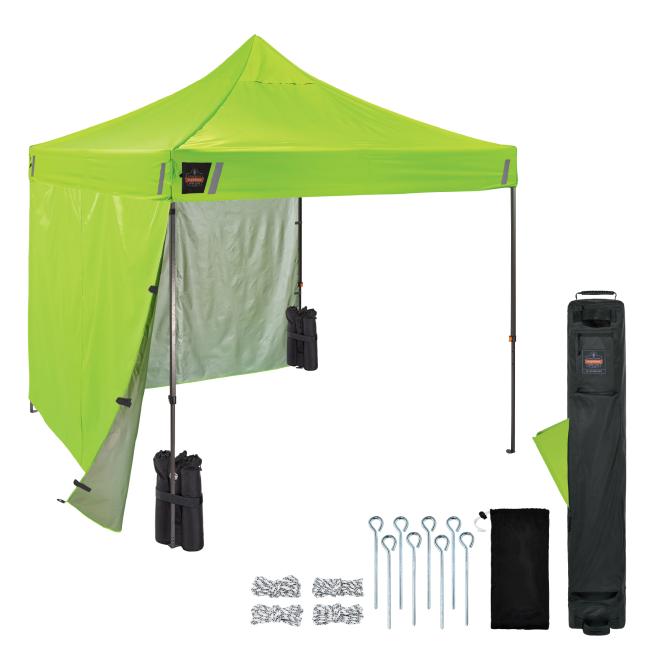 Fully assembled tent shown with partial enclosure and interior layout. Includes weight bags ground stakes ropes and roller storage bag for setup and transport .
