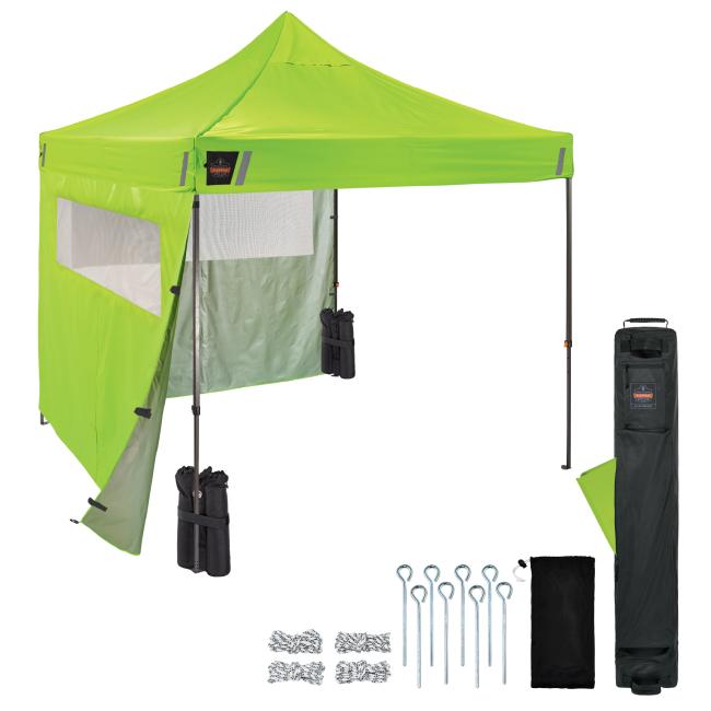 Fully assembled tent shown with window sidewalls and interior layout. Includes weight bags ground stakes ropes and roller storage bag for setup and transport .