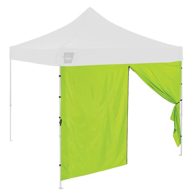 Shows a zippered pop up tent sidewall installed on a shelter frame. Demonstrates how the sidewall attaches to the tent legs and frame.