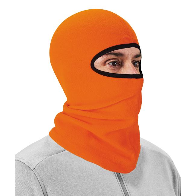 3q view of orange fleece balaclava face mask on model