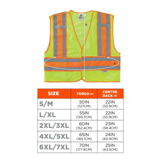 Size Chart: S/M: Torso 50IN (127CM), Center Back 22IN (55.9CM). L/XL: Torso 55IN (139.7CM), Center Back 22IN (55.9CM). 2XL/3XL: Torso 60IN (152.4CM), Center Back 23IN (58.4CM). 4XL/5XL: Torso 65IN (165.1CM), Center Back 24IN (60.9CM). 6XL/7XL: Torso 70IN (177.8CM), Center Back 25IN (63.5CM).