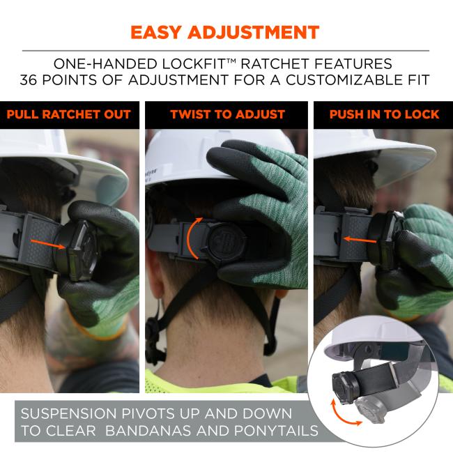 Easy adjustment: one handed lockfit ratchet features 36 points of adjustment for a customizable fit. Suspension pivots up and down to clear bandanas and ponytails